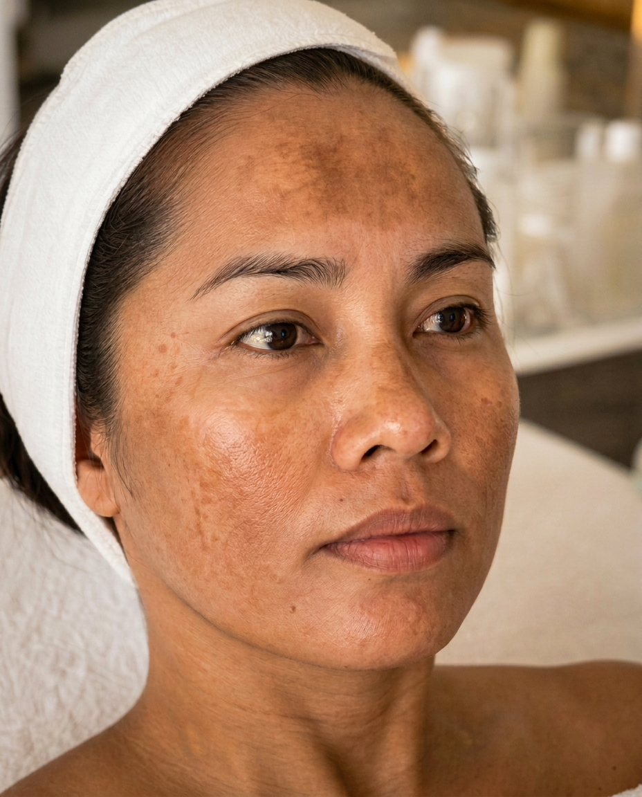 Rostro femenino con melasma en mejillas y frente, en contexto de tratamiento facial de lujo