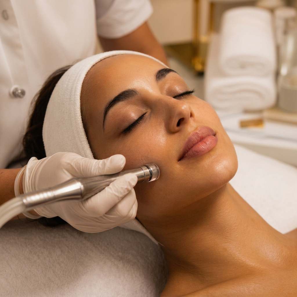 Mujer recibiendo tratamiento de microdermoabrasión en spa de lujo