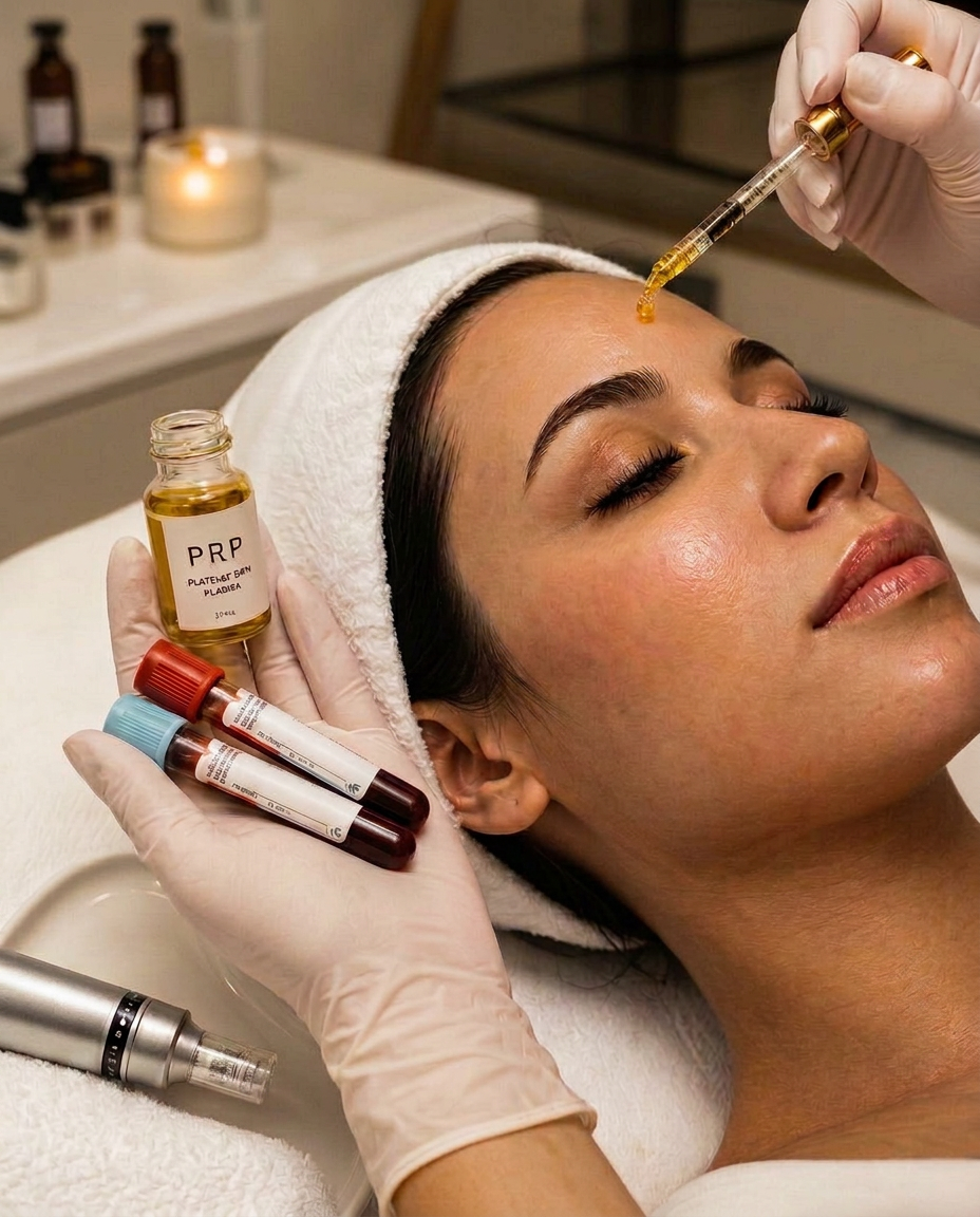 Aplicación de plasma rico en plaquetas facial en ambiente de spa de lujo
