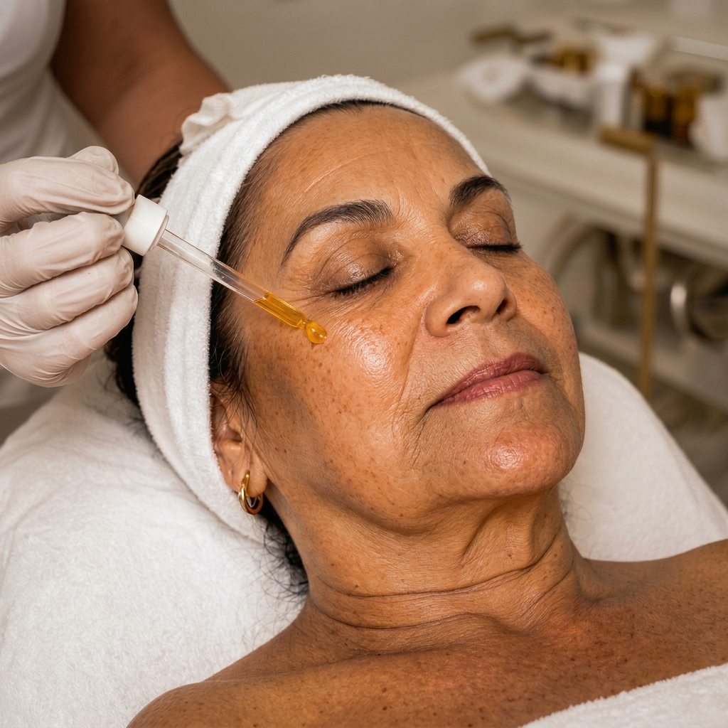 Señora de piel madura recibiendo tratamiento de rejuvenecimiento facial en spa de lujo