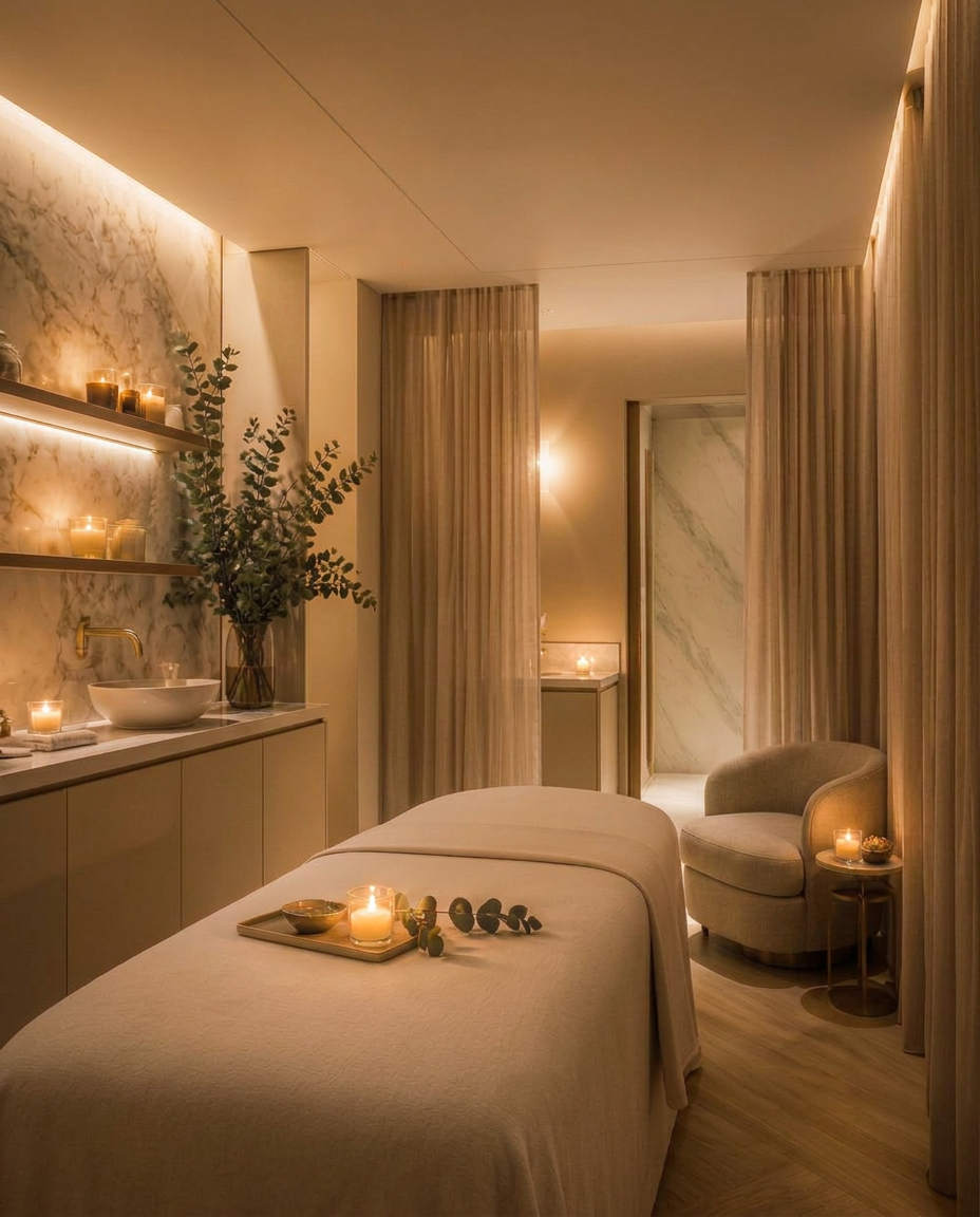 Sala de tratamientos de spa de lujo con luz suave y detalles en mármol